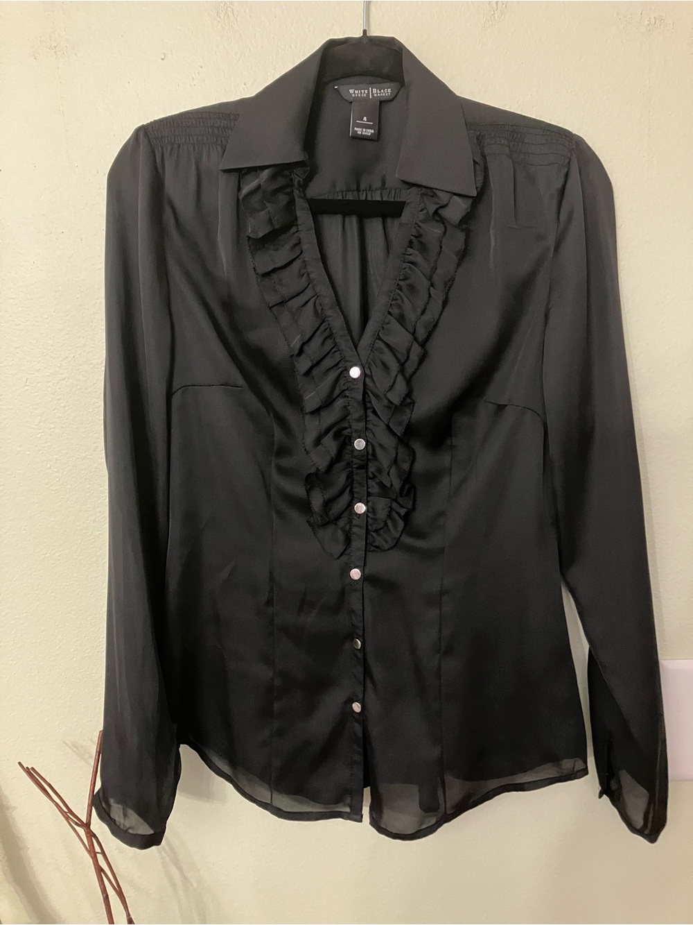 White House black market Black Victorian goth button down satin frill blouse